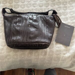 Glossy Textured Brown Shoulder Bag with Tassel Accent